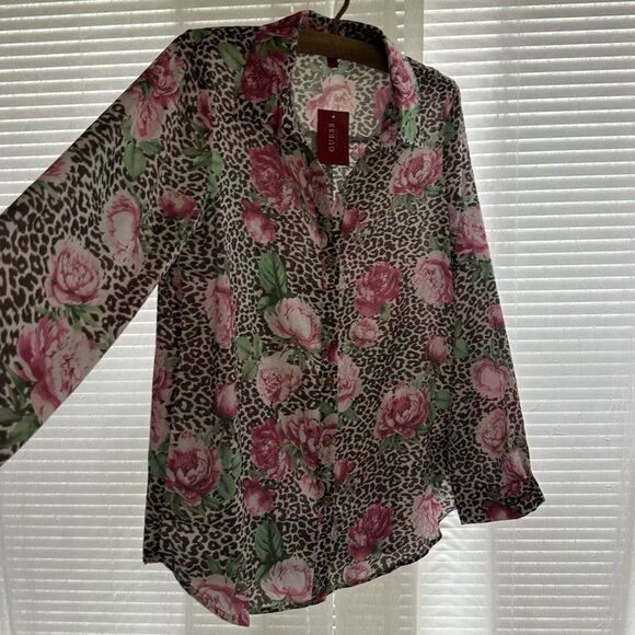Guess M-L Brown Pink Animal Print Peony Floral Button Front Long Sleeve Blouse - Picture 7 of 13